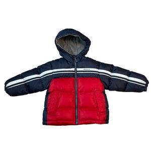 Kids London Fog Puffer Jacket Hooded Red Navy White Stripe Size 4